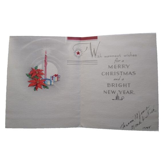 Christmas Greeting Card Vintage Mid Century Modern Glitter Fireplace Cozy Home - Picture 3 of 4